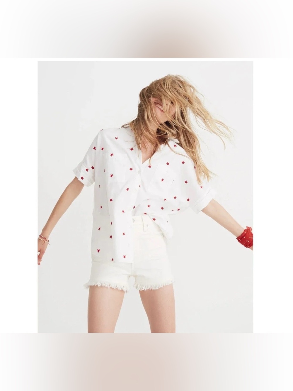 Madewell White Short-Sleeve Button-Up Shirt with Red Star Motif